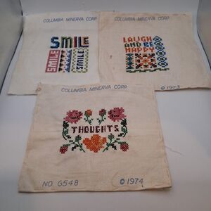 3 Vtg Columbia Minerva Completed Cross Stitch Laugh Smile Thoughts 7x8 Frameable
